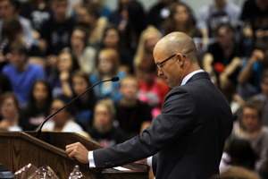 Caldwell gives speech at the Homecoming Pep Rally