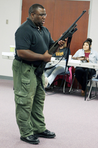 A Randall County officer shows students a weapon commonly used by law enforcement.