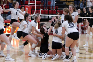 The Lady Raiders celebrate after winning the regional tournament in Lubbock Saturday. The team will compete for the state title later this week. 