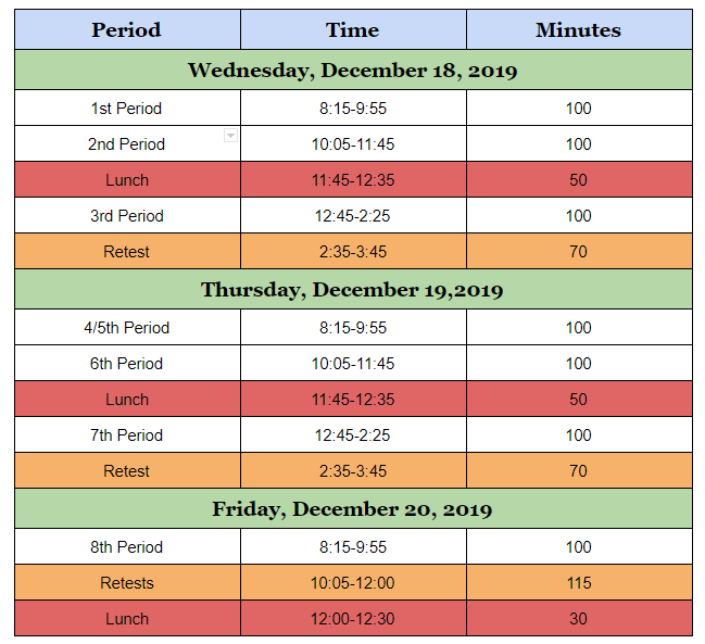 Fall Semester Exam Schedule Silver Streak