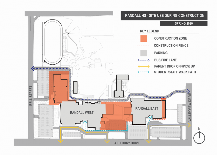 Upcoming construction plans for the Randall campus. The areas in orange will be cut off to automotive and pedestrian traffic. Students will enter the east and west buildings from the front and back entrances of the building only. 