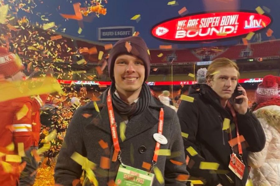 2015 Randall graduate Ryan Larson stands on the field after the Kansas City Chiefs defeated the San Francisco 49ers at the Super Bowl. 