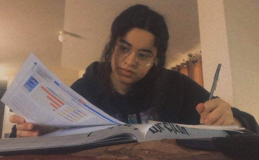 While taking online classes at home, senior Mariam Alashmawi takes notes for her AP Biology class. This AP class requires a lot of studying and commitment in order to understand the criteria. Its a lot easier to take notes when youre not being rushed.
