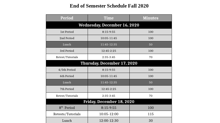 Schedule for Upcoming Fall 2020 Semester Test Week