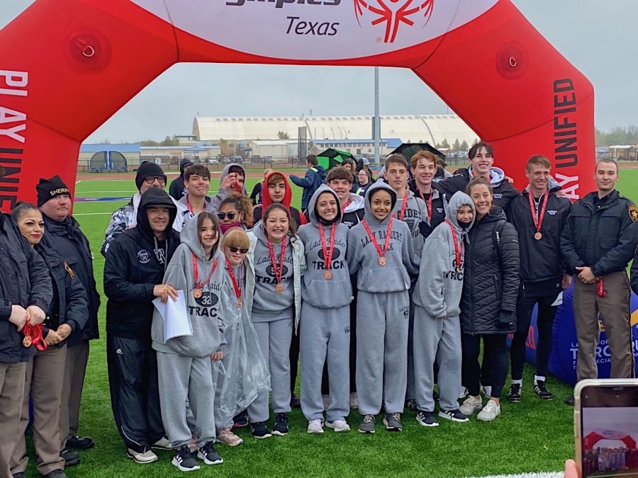 The team after a cold meet in Lubbock, earning third and advancing to state. 