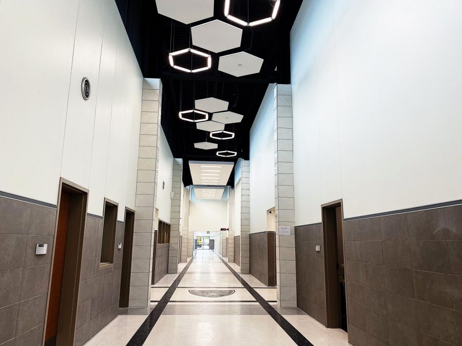 When you walk into the school and look up you see high ceilings with hexagon shaped lights. The hallways look a lot nicer and clean. 