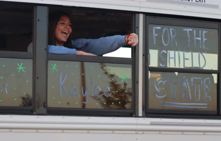 The student body cheers as the Lady Raiders Cross Country team left for state Nov. 2.
