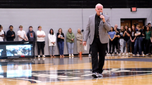 Coach Broadhurst speaks at the gym dedication in April 2024.