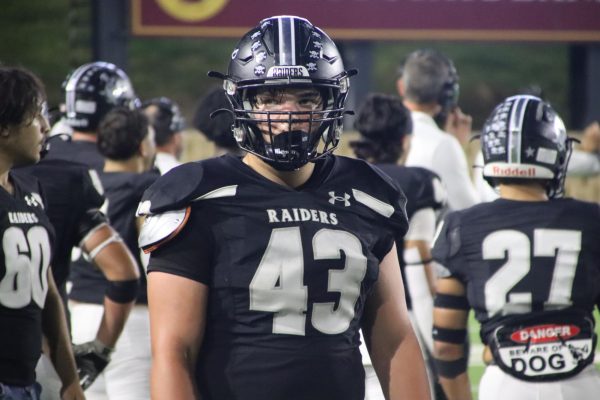 Garrett Splitt (43) walks toward the bench after the game against Estacado on Sept. 26.